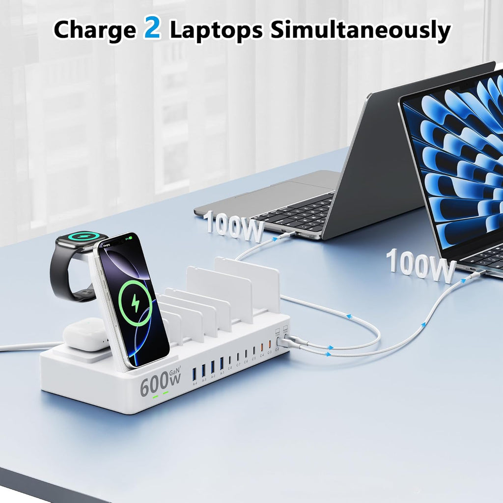 600W Charging Station for Multiple Devices, 15 in 1 Wireless Charging Station for Apple, Dual 100W USB C Tablet Charging Station for Macbook,Iphone,Ipad,Tablet (White)