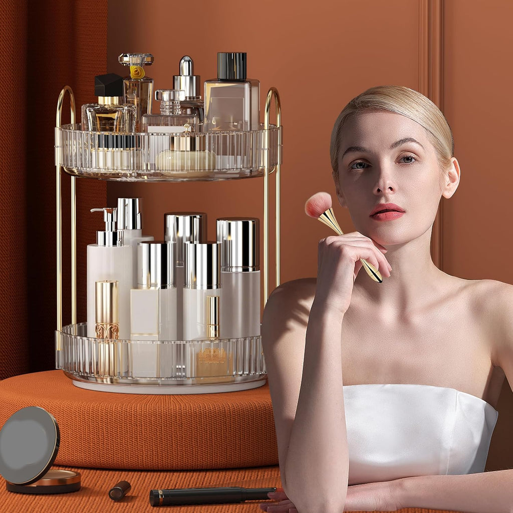 360 Rotating Makeup Organizer and Storage for Vanity Bathroom Countertop, High Capacity Cosmetic Skincare Perfume Organizers for Dresser Lazy Susan (Clear White,2 Tiers)
