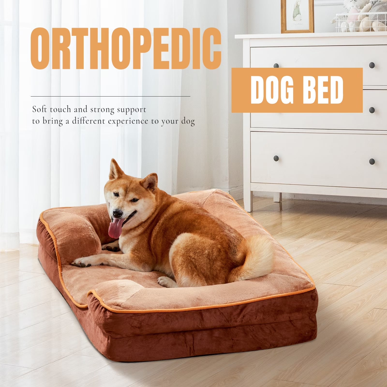 42"X32" Supportive Memory Foam Orthopedic Dog Bed, with Washable Removable Cover, Non-Slip Base, Waterproof, Brown