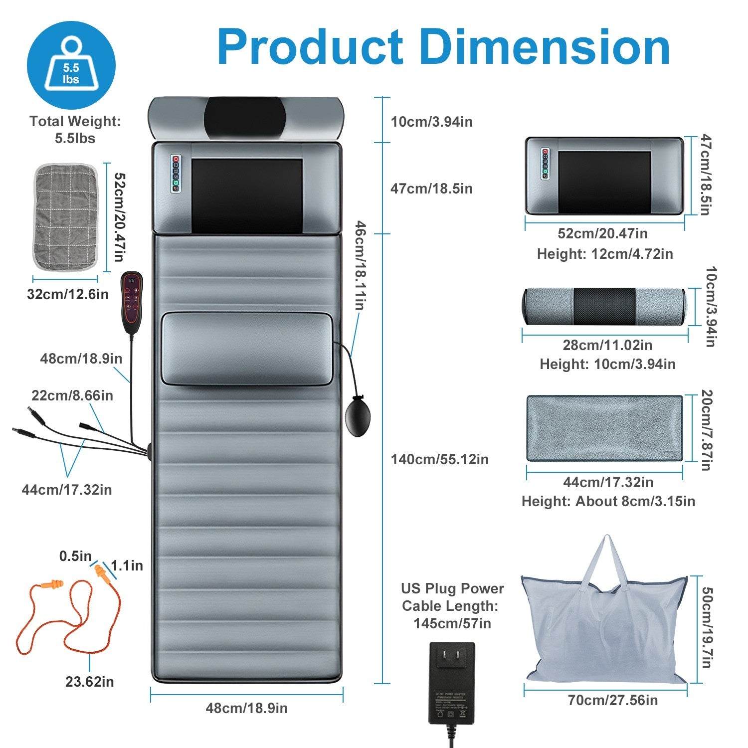 Full Body Electric Massage Mat W/Heat Vibration Massage Pad Cushion Back Massage