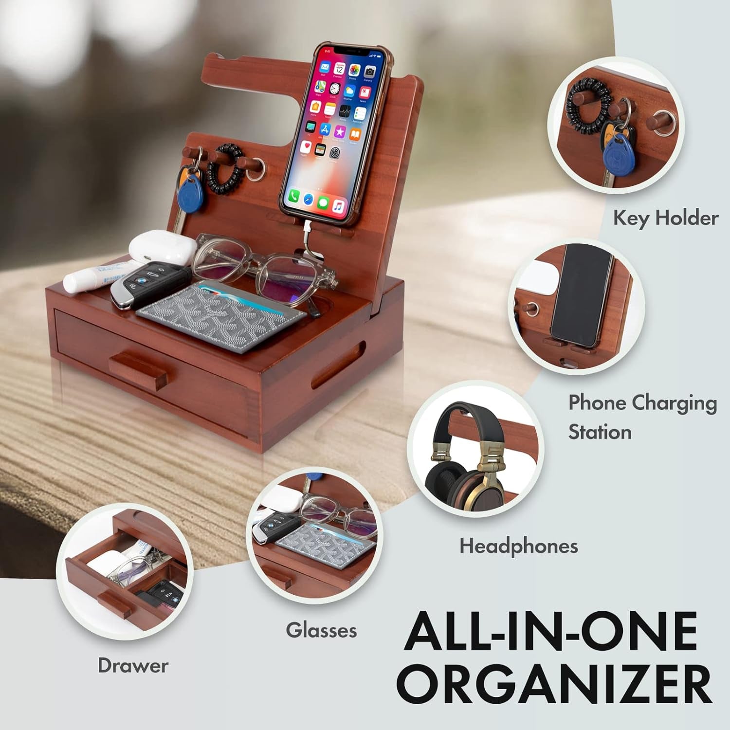 Solid Wood Nightstand Organizer, Docking Station, Gifts for Men, Made of Cedar, Versatile Bedside Table Organizer for Cellphone, Watch, Headphone, Keys Walnut Wood