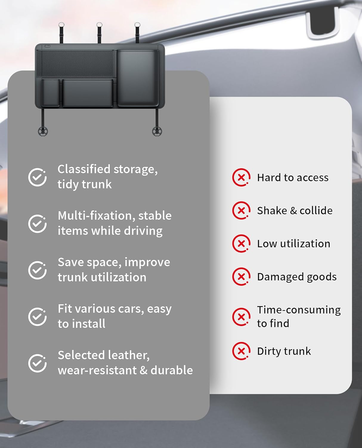 PU Leather Trunk Organizer for SUV, Sedan & Truck | Durable & Odor-Free Rigid PU, 36In Vertical Storage with 4 Pockets, Shape-Locked & Water-Wipeable, Expands Trunk Room