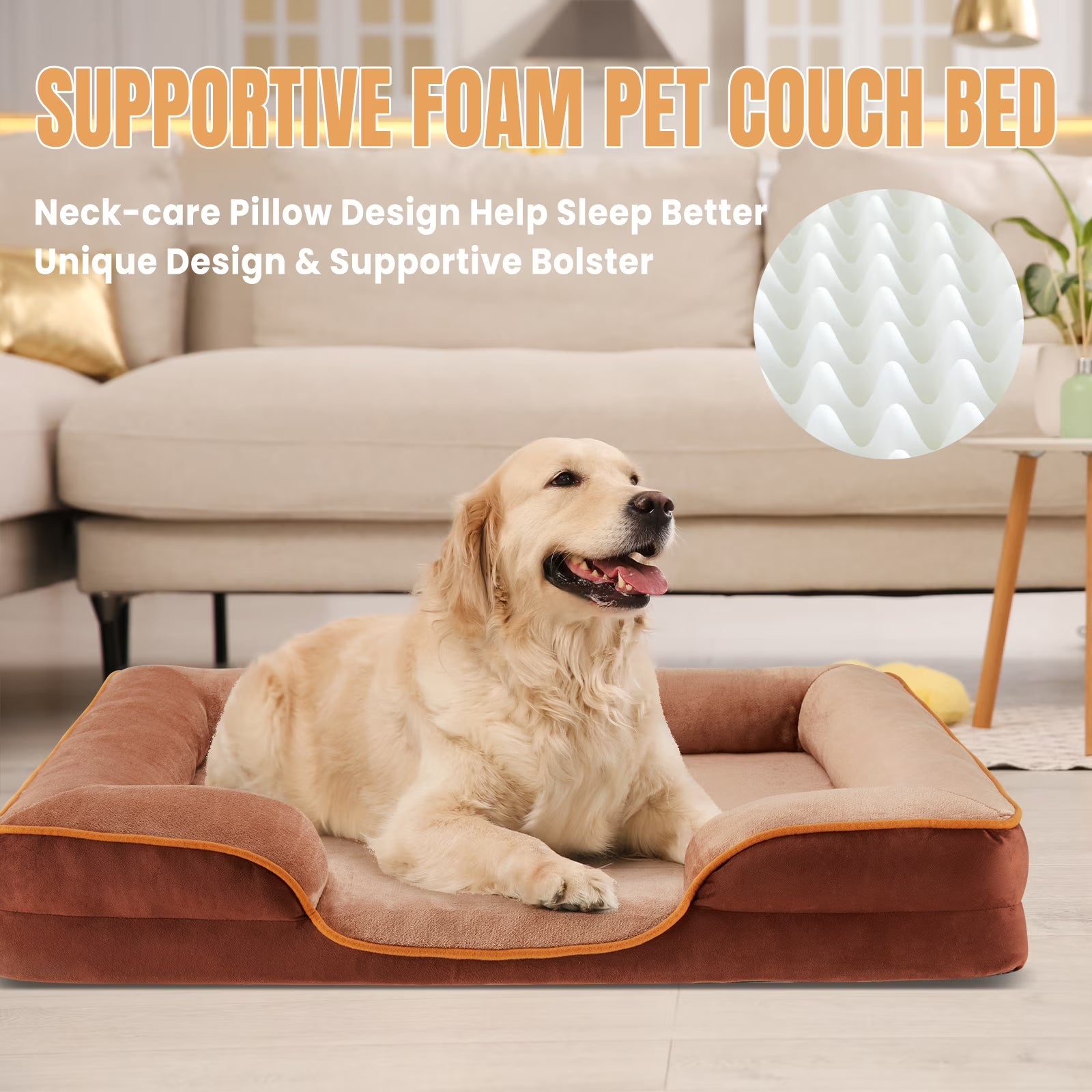 42"X32" Supportive Memory Foam Orthopedic Dog Bed, with Washable Removable Cover, Non-Slip Base, Waterproof, Brown