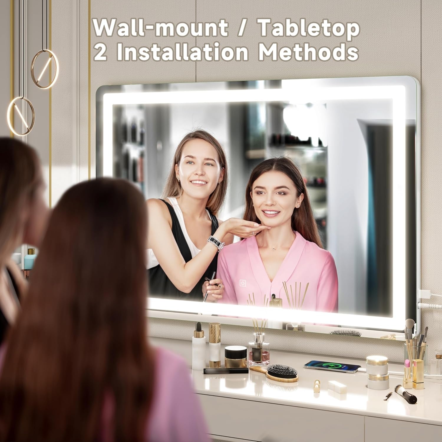 Large Vanity Mirror with Lights 32"X22", Lighted Makeup Mirror, Wall-Mounted Hollywood Mirror, Touch Sensor, 3-Color Lighting, 5X Magnification, USB Port for Vanity Desk Tabletop, Bedroom, Salon