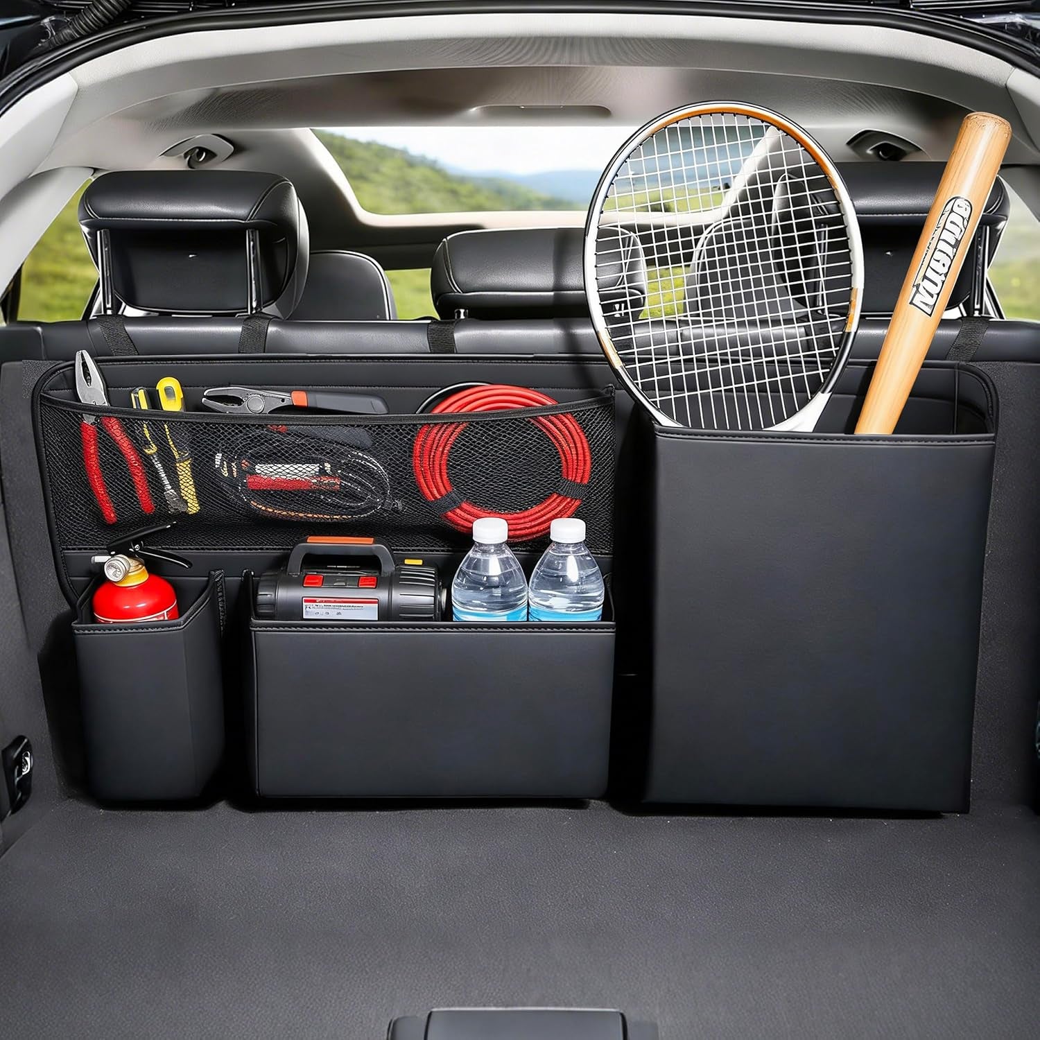 PU Leather Trunk Organizer for SUV, Sedan & Truck | Durable & Odor-Free Rigid PU, 36In Vertical Storage with 4 Pockets, Shape-Locked & Water-Wipeable, Expands Trunk Room