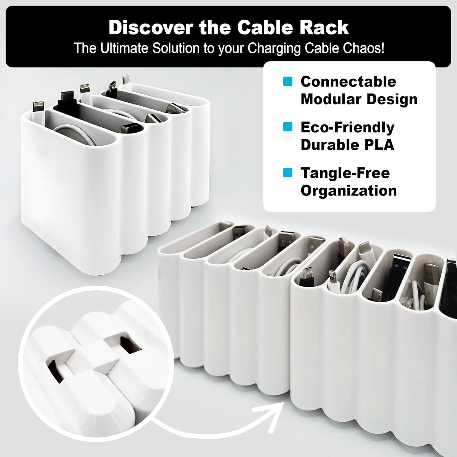 Cable Management Organizer Cord Management, Multiple Slots for Home, Office, Desk, Workshop, Durable Plastic Connectable Cable Organizer, Tangle-Free, Expandable Storage, White