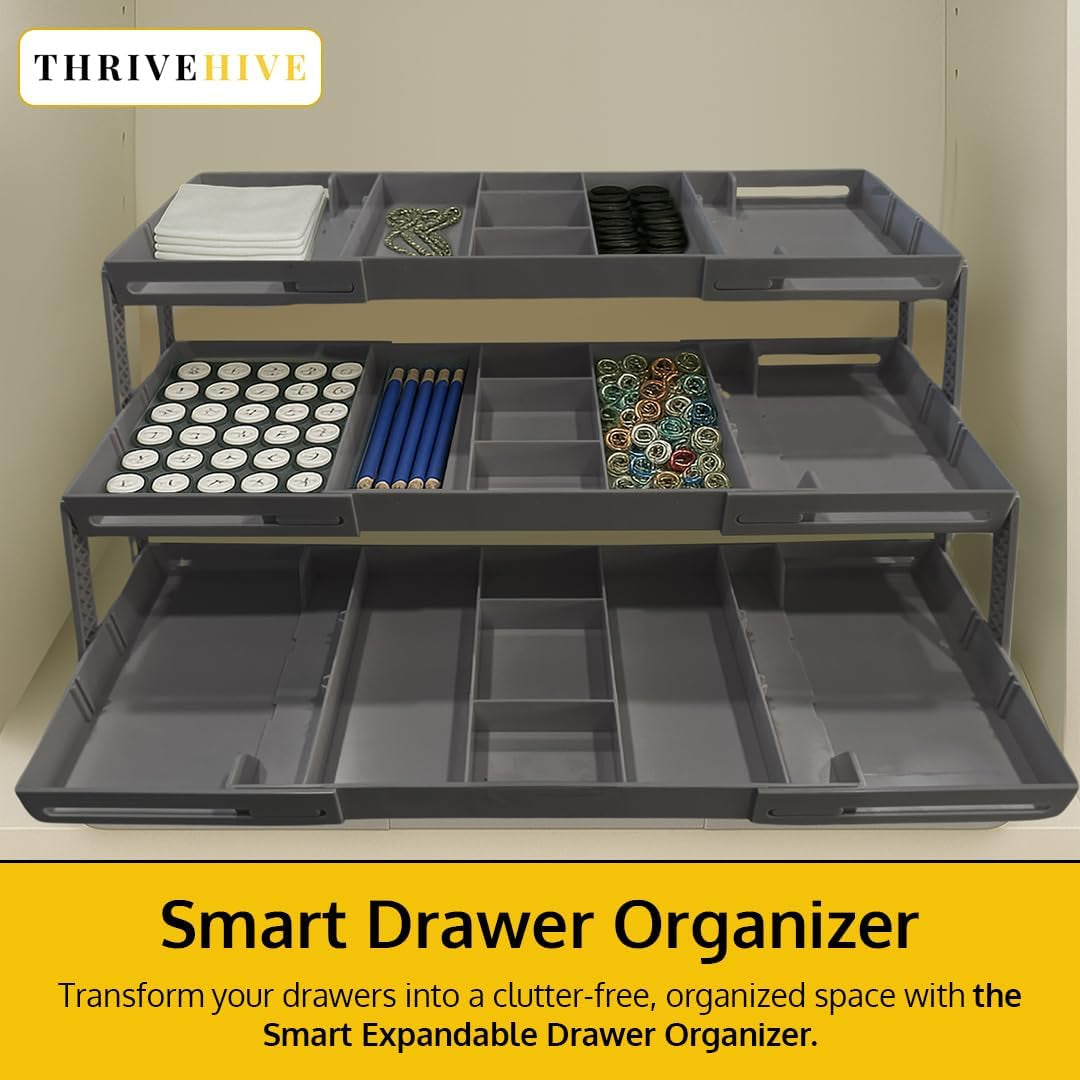 3 Tier Drawer Organizer, Multi Level Smart Drawer Organizer for Desk, Expandable Organizer for Office, Makeup, Jewelry, Kitchen, Folding Storage for Home and Office Drawers & Craft Organizer - Gray