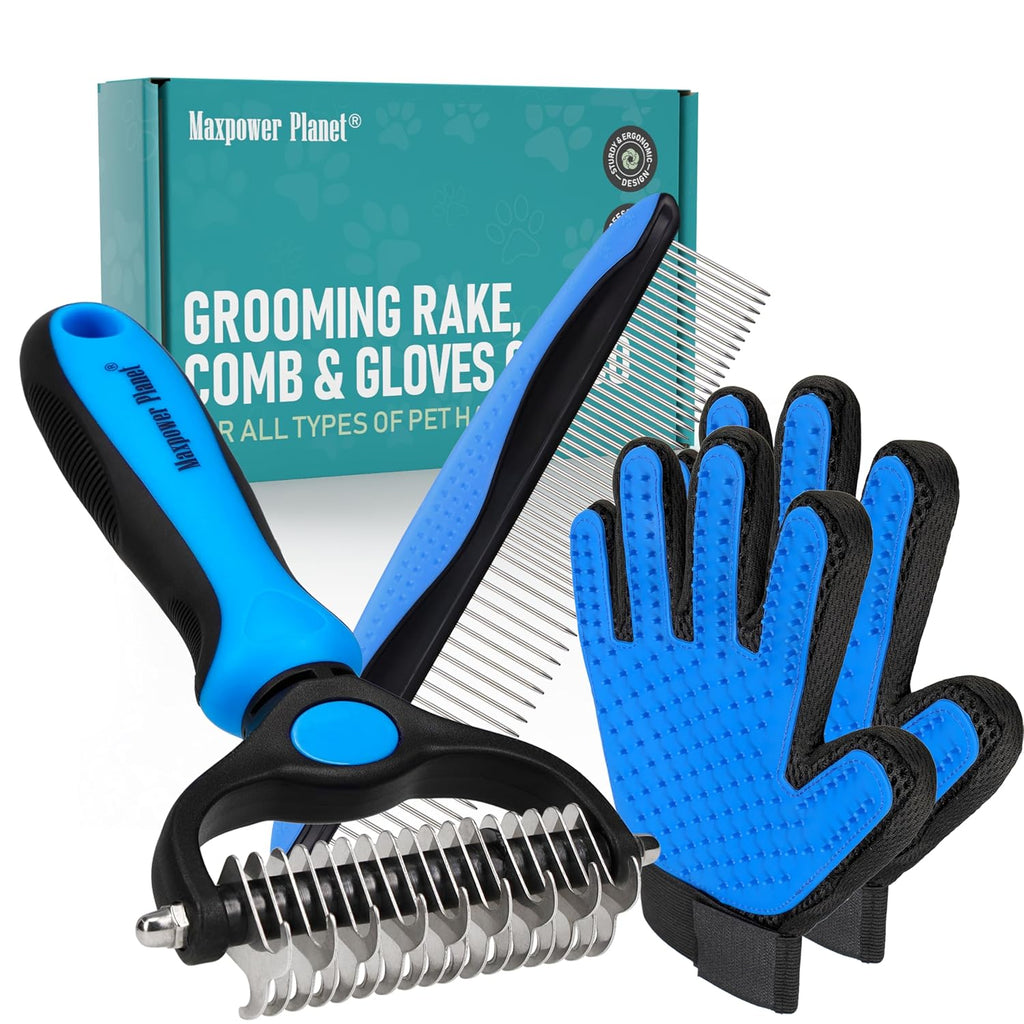 Pet Grooming Brush - Double Sided Shedding and Dematting Undercoat Rake Comb for Dogs and Cats,Extra Wide (B1 - Rake, Gloves & Comb, Large)