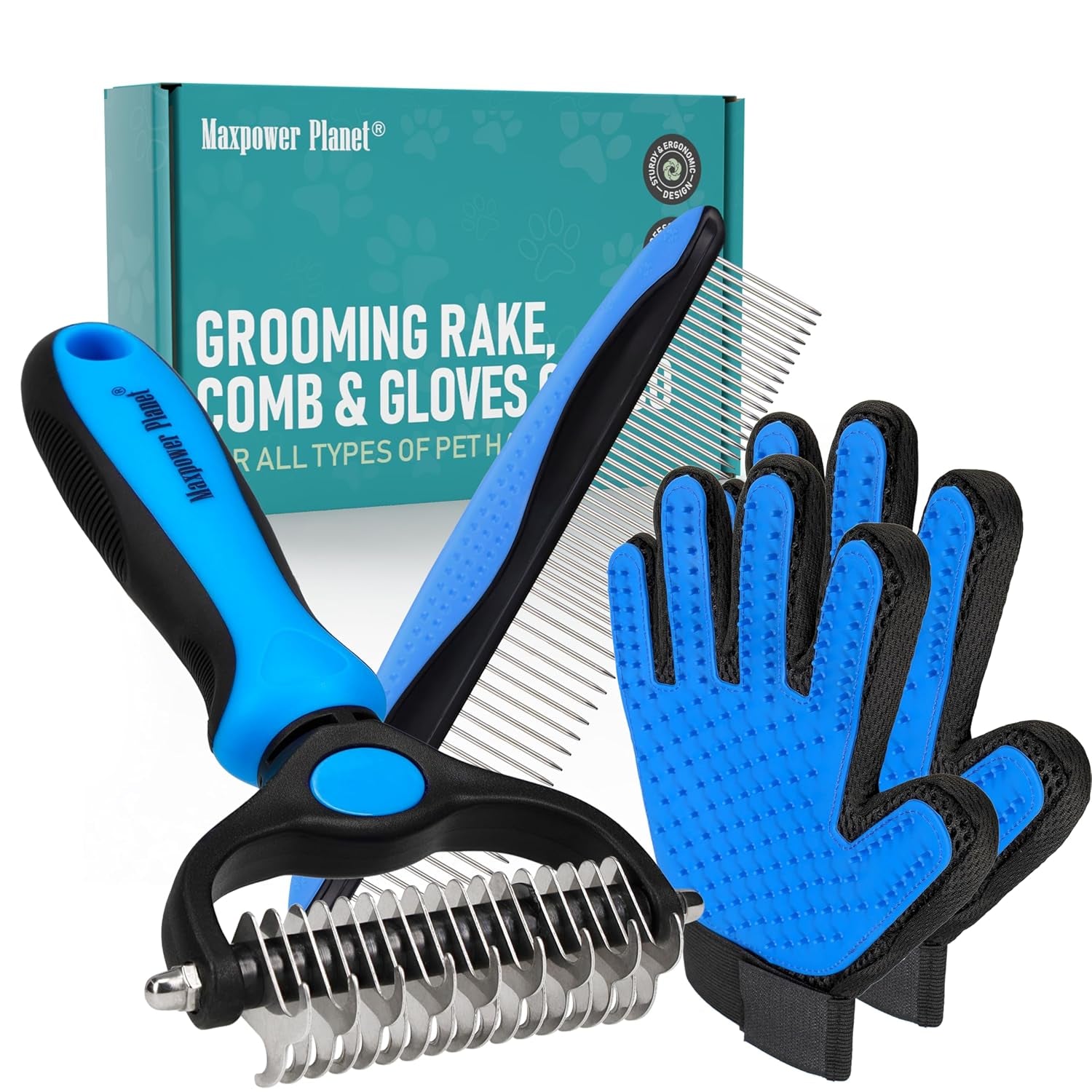 Pet Grooming Brush - Double Sided Shedding and Dematting Undercoat Rake Comb for Dogs and Cats,Extra Wide (B1 - Rake, Gloves & Comb, Large)