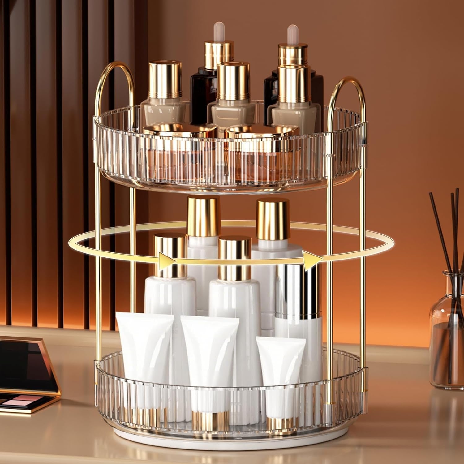 360 Rotating Makeup Organizer and Storage for Vanity Bathroom Countertop, High Capacity Cosmetic Skincare Perfume Organizers for Dresser Lazy Susan (Clear White,2 Tiers)