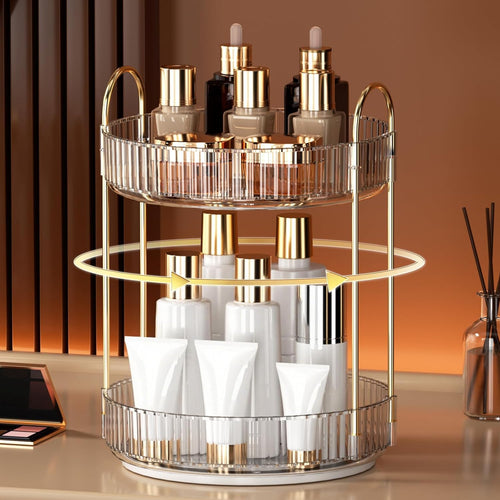 360 Rotating Makeup Organizer and Storage for Vanity Bathroom Countertop, High Capacity Cosmetic Skincare Perfume Organizers for Dresser Lazy Susan (Clear White,2 Tiers)