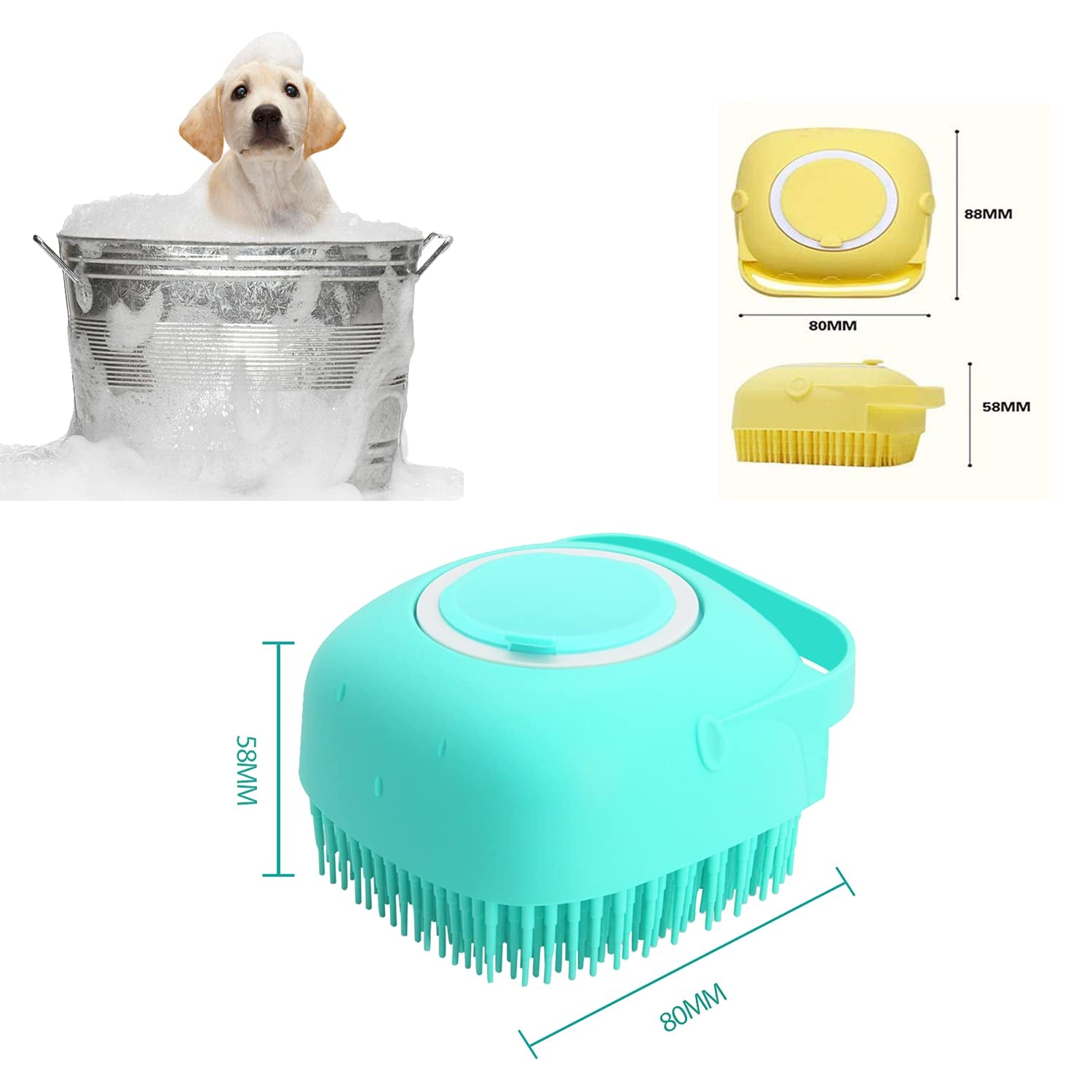 Pet Grooming Bath Massage Brush with Soap and Shampoo Dispenser Soft Silicone Bristle for Long Short Haired Dogs Cats Shower (Blue)