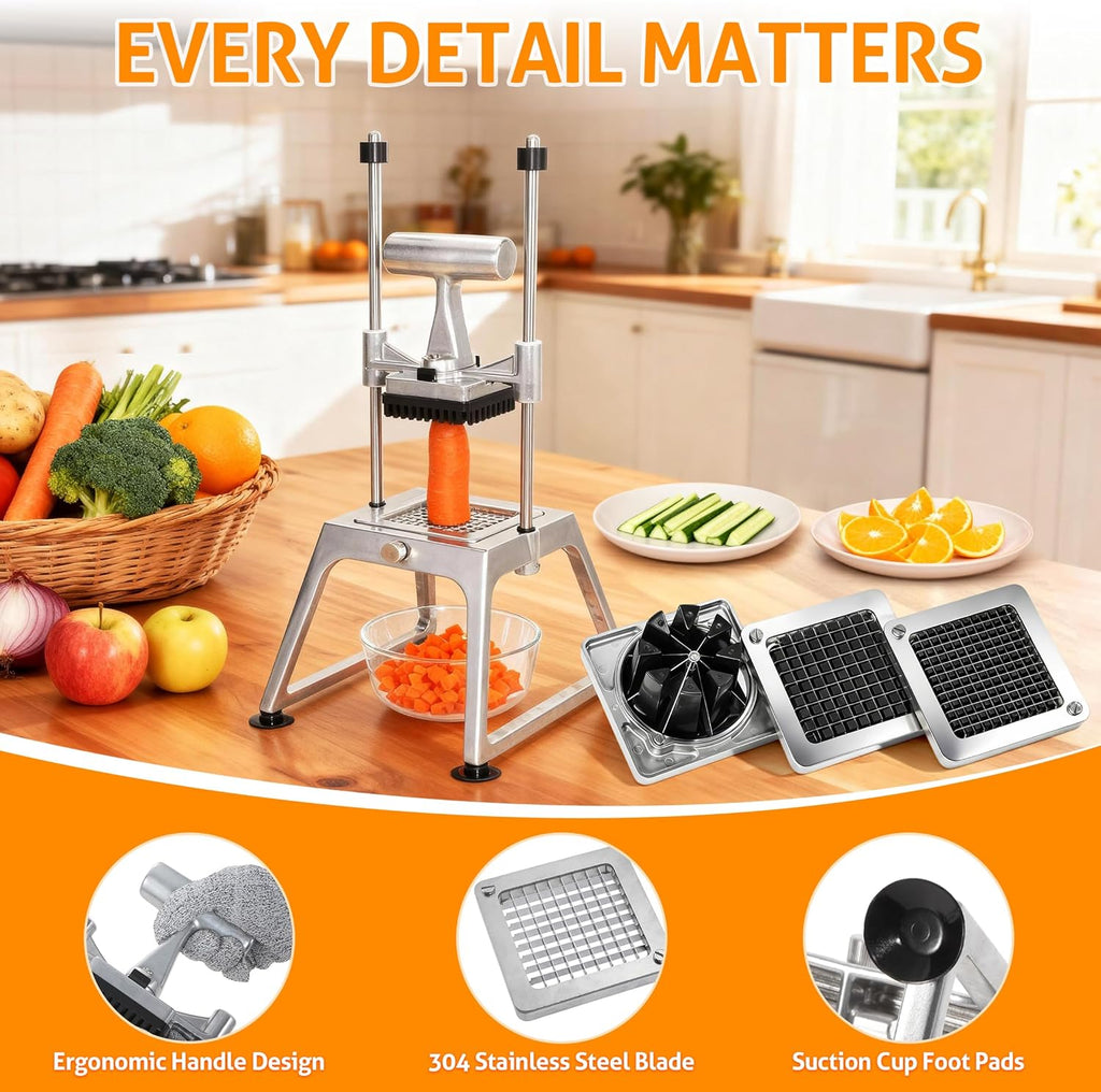 Commercial Vegetable Chopper Dicer W/3 Blades 1/4"+3/8"+8 Section Blade Onion Chopper Dicer Commercial Heavy Duty Stainless Steel French Fry Cutter for Home Kitchen & Restaurant Use