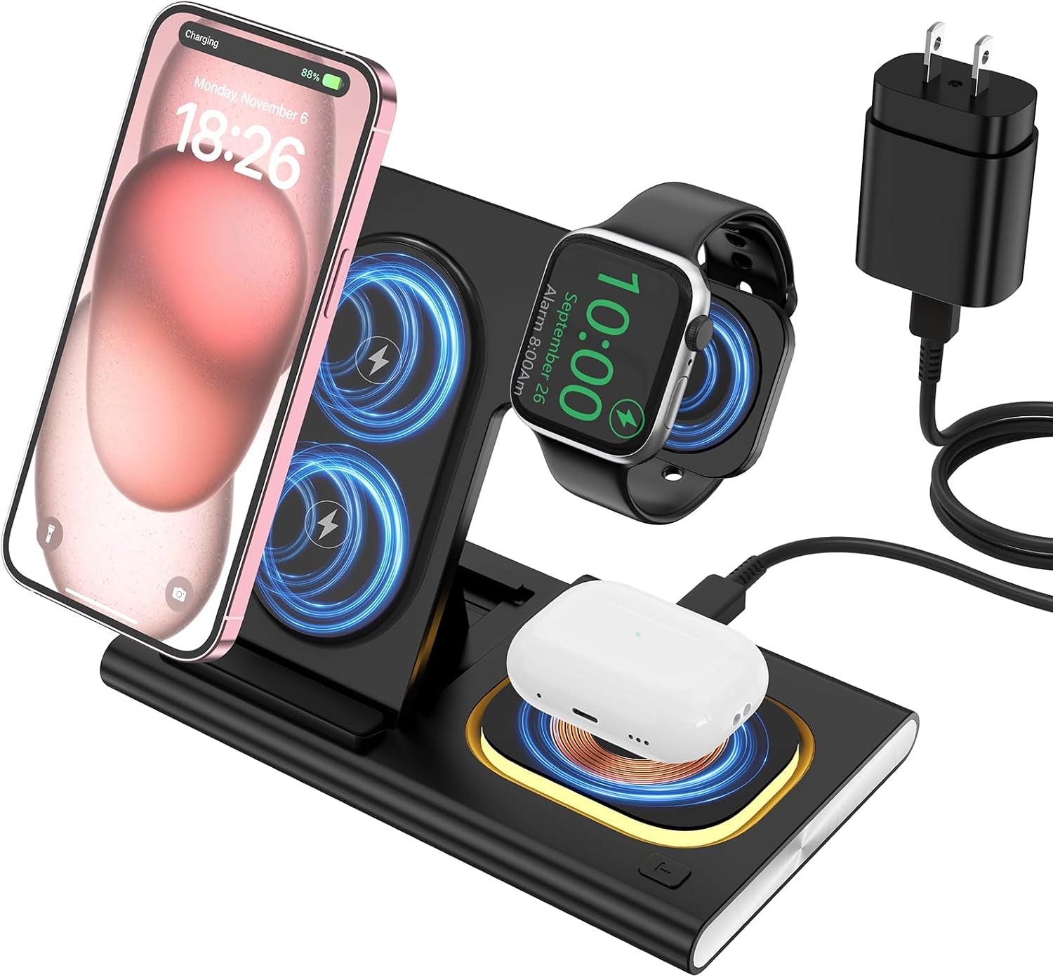 Wireless Charging Station for Iphone 15 Pro Max/14/13/12/11, 25W 3-In-1 Charger Stand ＆ USB C Cable 3Ft, Wireless Charging Dock for Iwatch Ultra 9 8 7 6 5 4 3 SE, Airpods Pro 3/2, Samsung