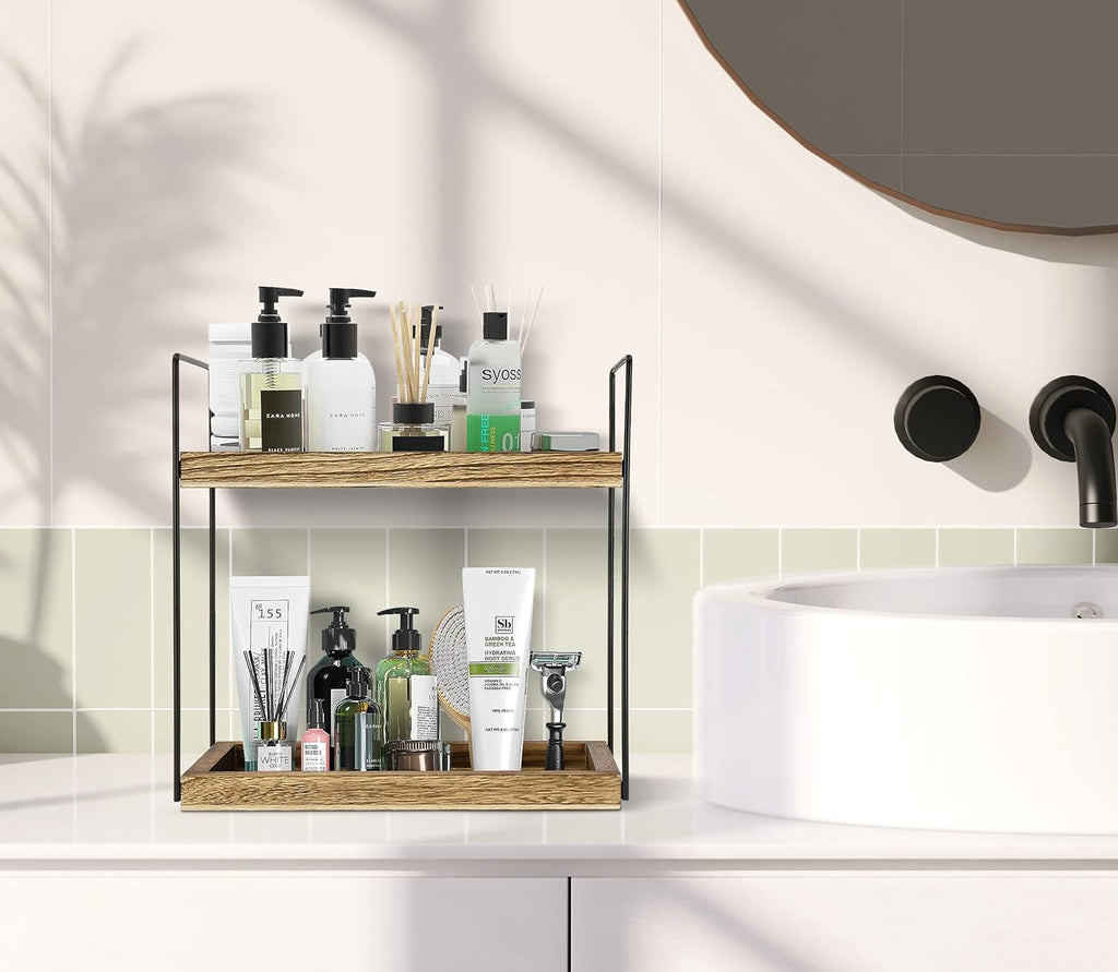 2 Tier Bathroom Organizer, Bathroom Rack for Countertop, Wooden Double Tray for Kitchen Spice, Rustic Storage Shelf for Bathroom, Vanity, Kitchen, Coffee Bar
