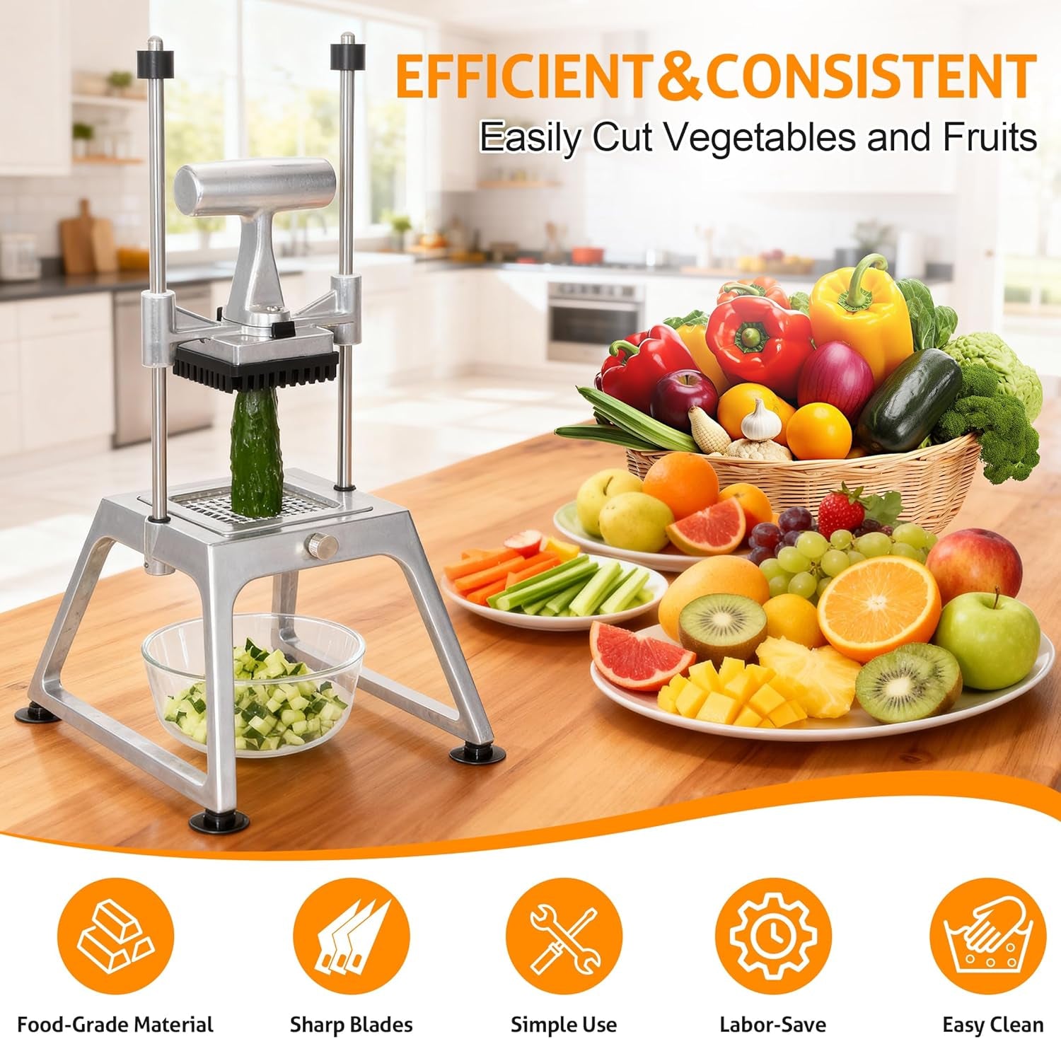 Commercial Vegetable Chopper Dicer W/3 Blades 1/4"+3/8"+8 Section Blade Onion Chopper Dicer Commercial Heavy Duty Stainless Steel French Fry Cutter for Home Kitchen & Restaurant Use