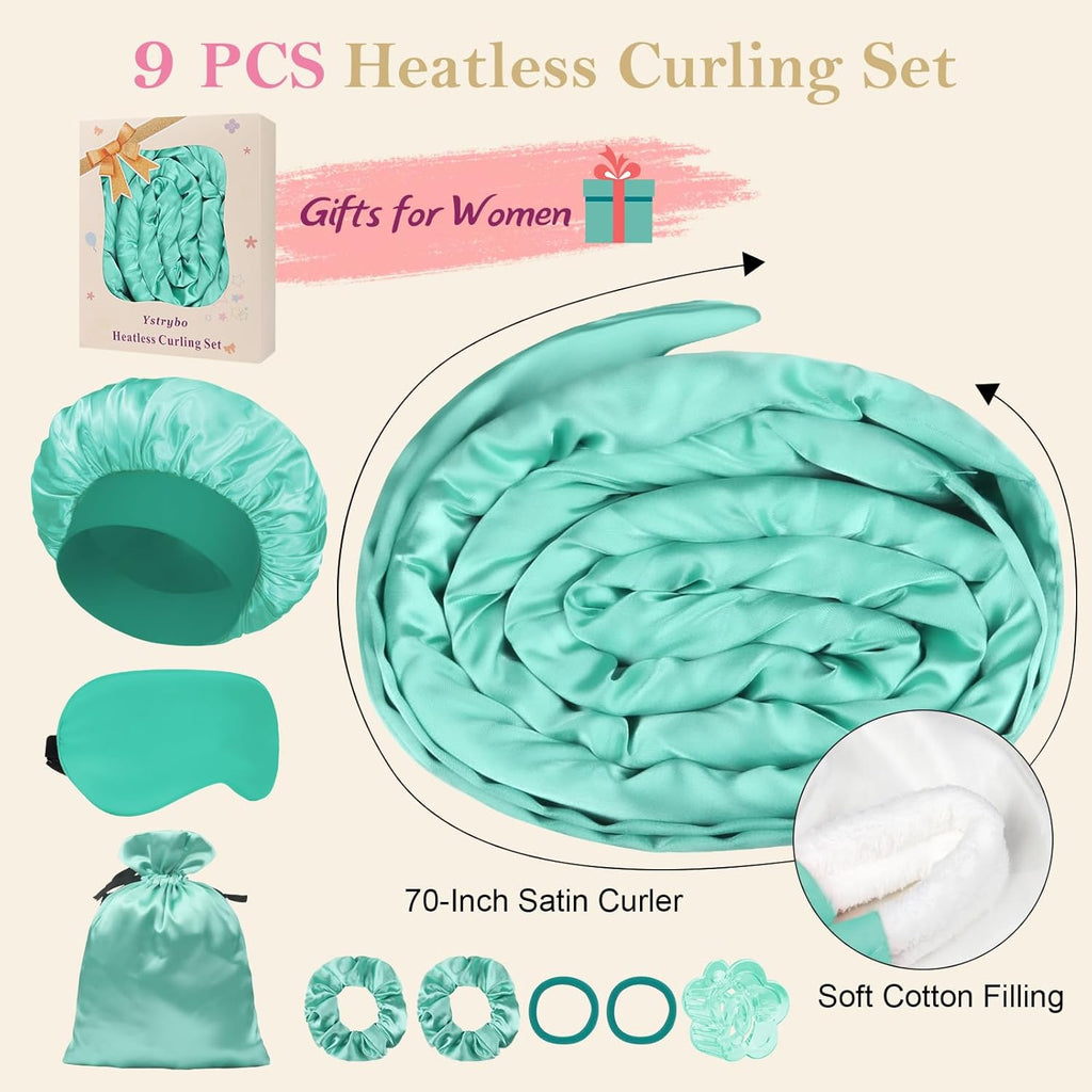Heatless Curls Overnight Hair Curlers to Sleep In, Satin Heatless Curling Set - No Heat Overnight Curls, Hair Curlers No Heat Curlers, Beach Waves for Women Long Hair Volume (Green)