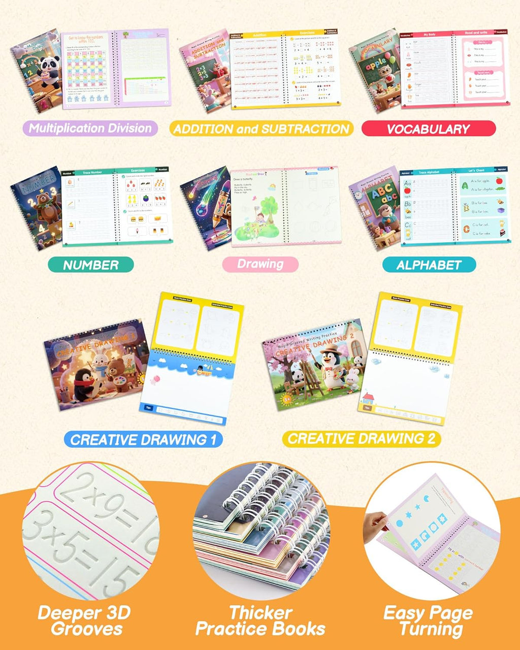 Motor Magic Happy Writer System - Magic Grooved Handwriting Practice for Kids Ages 3-8, 8 Book Reusable Workbooks, 3D Calligraphy Writing Set with Disappearing Ink, Little Explorer Preschool Learning