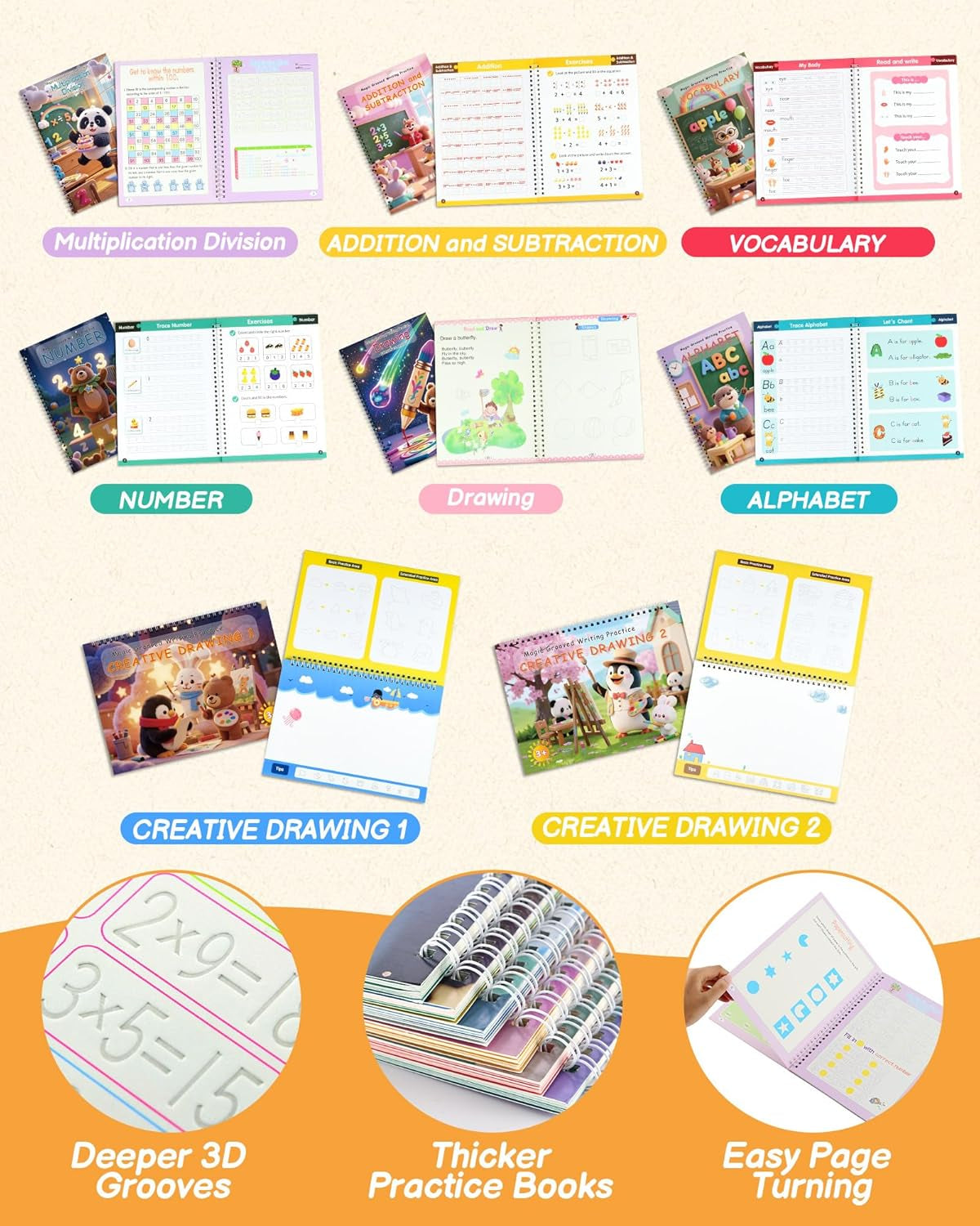 Motor Magic Happy Writer System - Magic Grooved Handwriting Practice for Kids Ages 3-8, 8 Book Reusable Workbooks, 3D Calligraphy Writing Set with Disappearing Ink, Little Explorer Preschool Learning