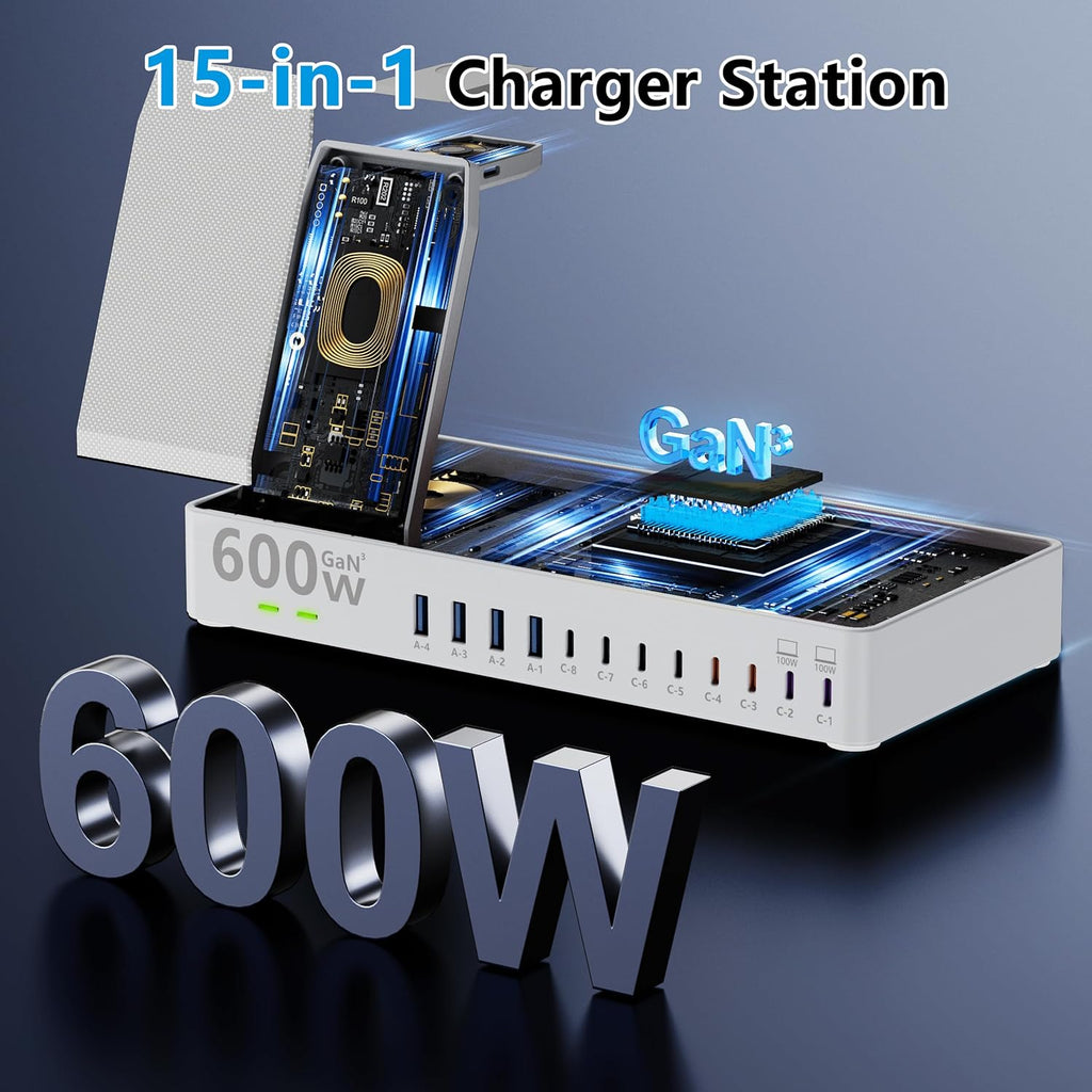 600W Charging Station for Multiple Devices, 15 in 1 Wireless Charging Station for Apple, Dual 100W USB C Tablet Charging Station for Macbook,Iphone,Ipad,Tablet (White)