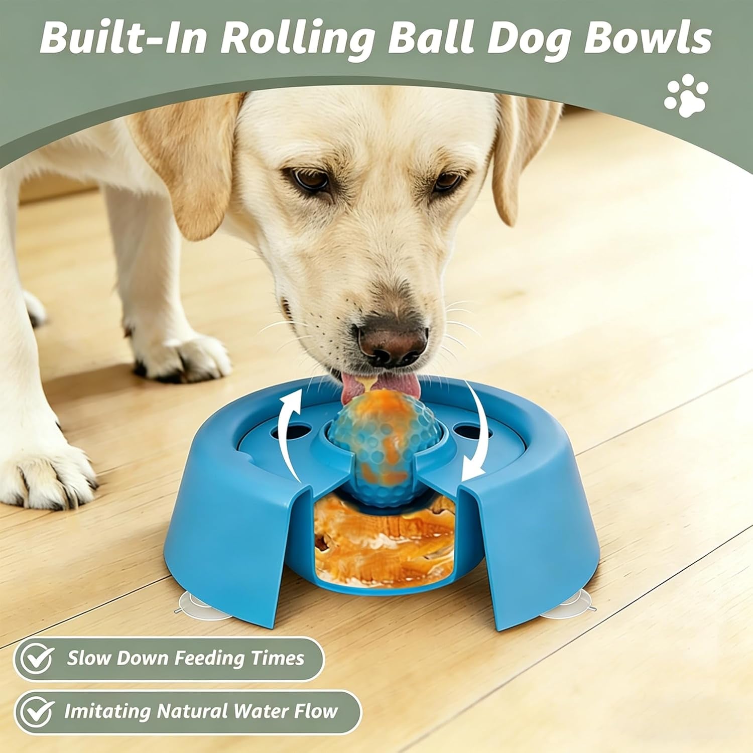 Slow Feeder Dog Bowls, Dog Lick Bowl with Rolling Ball - Lick & Roll Bowl, Dog Slow Feeder Bowl for Liquid Treats, Bone Broth & Yogurt, Non-Slip Suction Base, for Small, Medium & Large Breeds