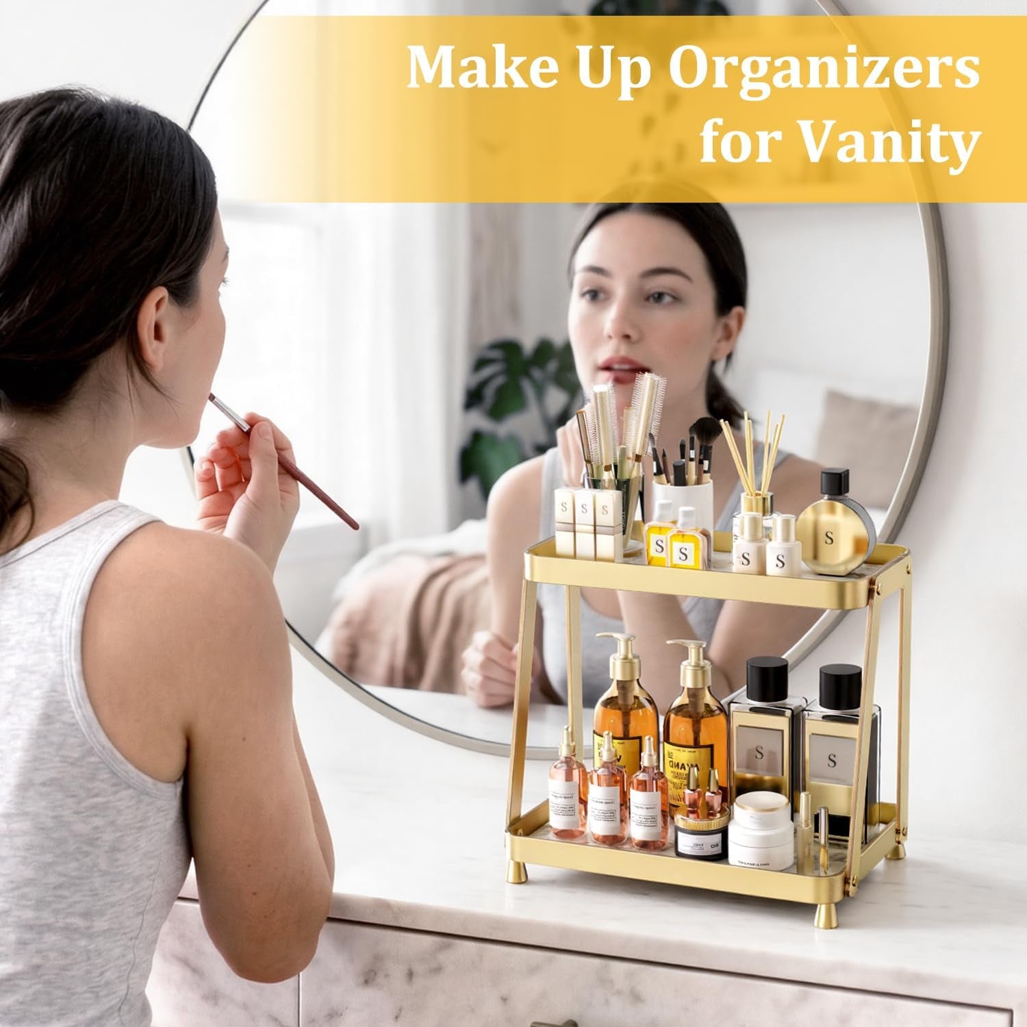 Bathroom Counter Organizer - 2-Tier Acrylic Makeup Organizer Countertop with Marble Tray, Perfume Organizer & Vanity Organizer, Makeup Tray Shelf for Skincare, Cosmetics Display, Gold