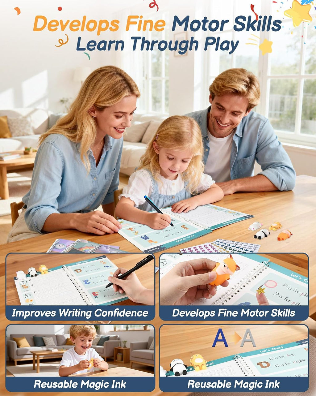 Motor Magic Happy Writer System - Magic Grooved Handwriting Practice for Kids Ages 3-8, 8 Book Reusable Workbooks, 3D Calligraphy Writing Set with Disappearing Ink, Little Explorer Preschool Learning
