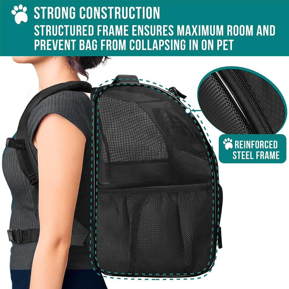Dog Backpack Carrier for Small Medium Dogs Large Cats up to 18 Lbs, 2 Side Entry, Structured No-Collapse Frame, Airline Approved Ventilated Pet Backpack for Hiking Camping Travel Vet, Black