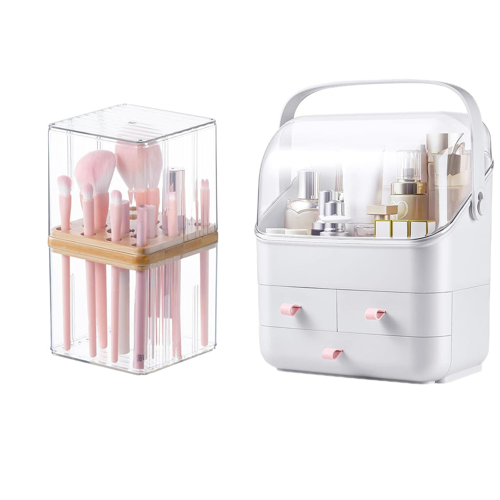White Preppy Skincare Organizers Makeup Organizer Holder Beauty Cosmetic Storage Box Large Display Case and Makeup Brush Holder with Cover Makeup Brush Container with Lid Clear Makeup Brush Holder Org