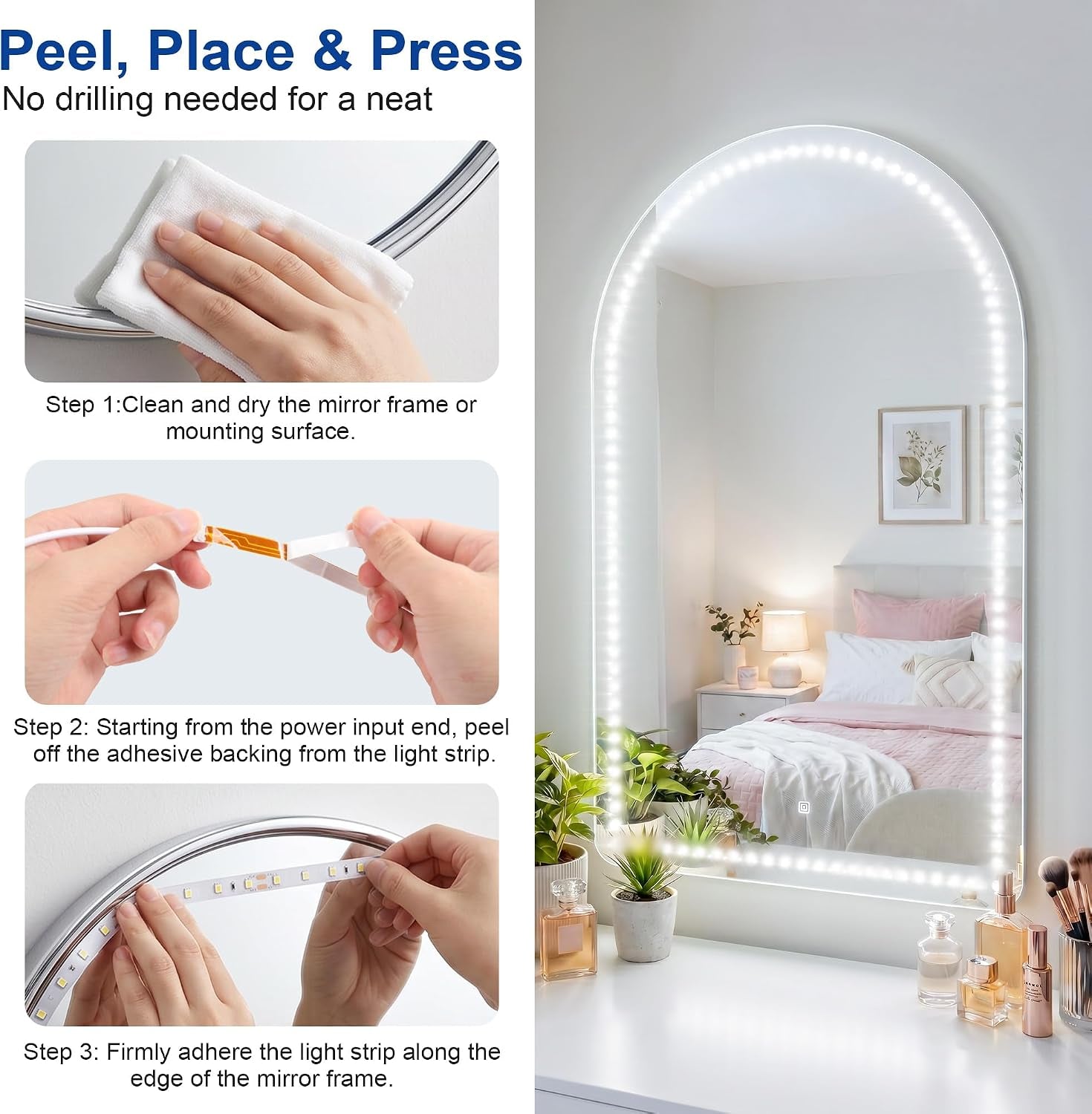 Vanity Lights for Mirror, 13FT Dimmable 6000K LED Light Strip | Stick on Makeup LED Lighting, LED Vanity Lights Strips for Mirror for Bedroom Bathroom Vanity Table (Mirror Not Included)