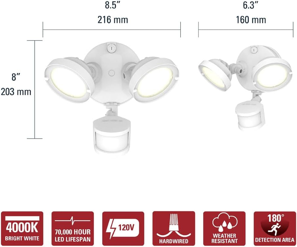 TGS Outdoor LED Motion Sensor Flood & Security Light Twin round Head White