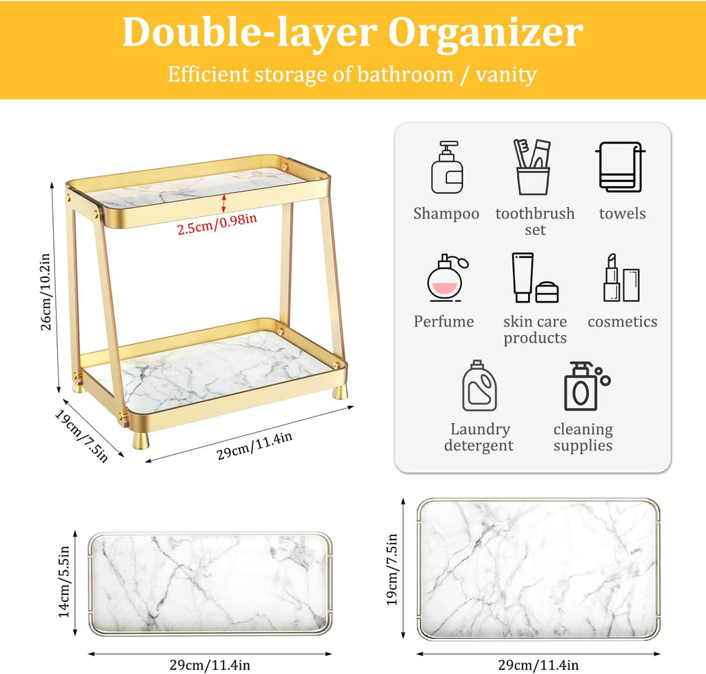 Bathroom Counter Organizer - 2-Tier Acrylic Makeup Organizer Countertop with Marble Tray, Perfume Organizer & Vanity Organizer, Makeup Tray Shelf for Skincare, Cosmetics Display, Gold