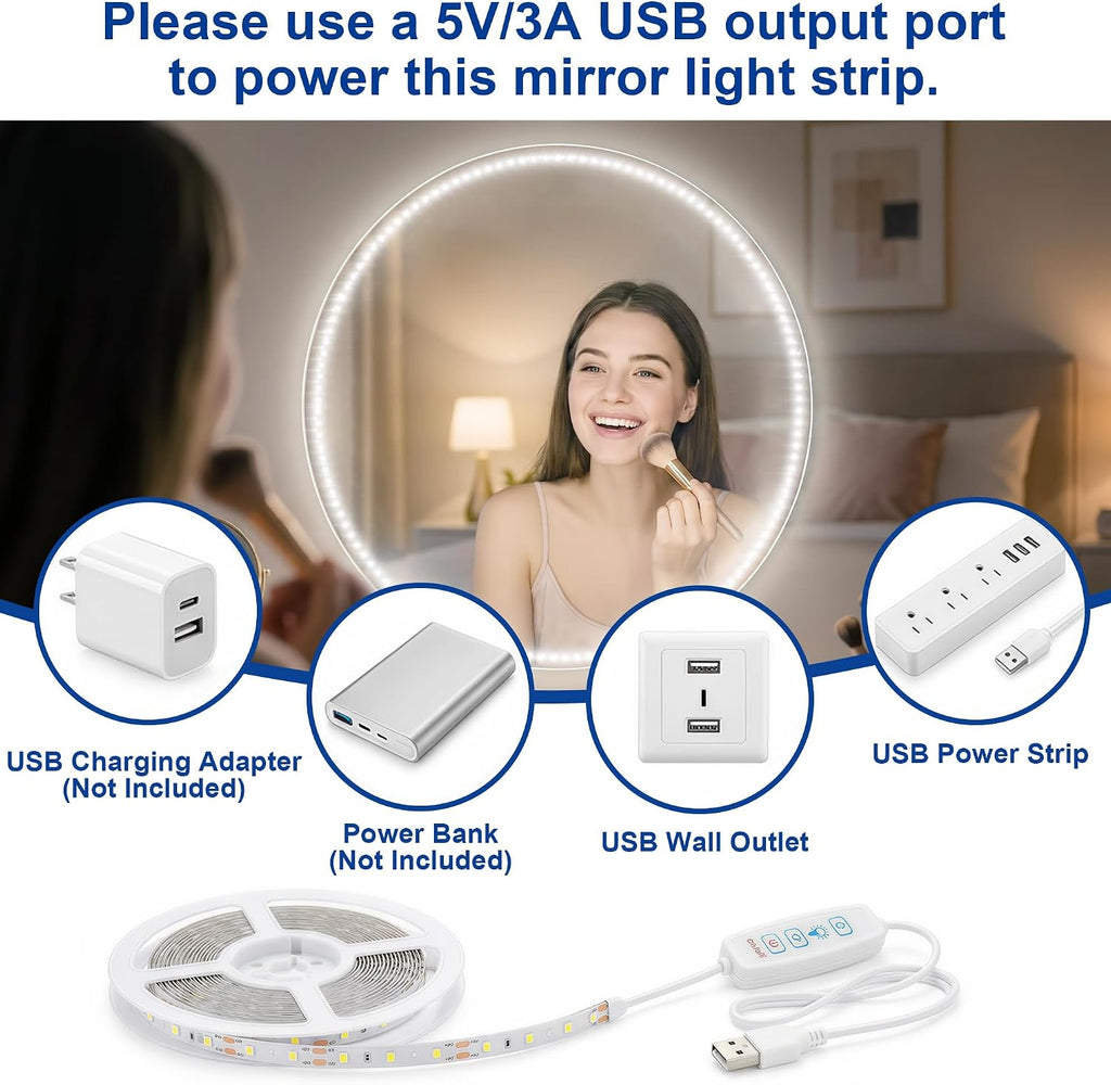Vanity Lights for Mirror, 13FT Dimmable 6000K LED Light Strip | Stick on Makeup LED Lighting, LED Vanity Lights Strips for Mirror for Bedroom Bathroom Vanity Table (Mirror Not Included)