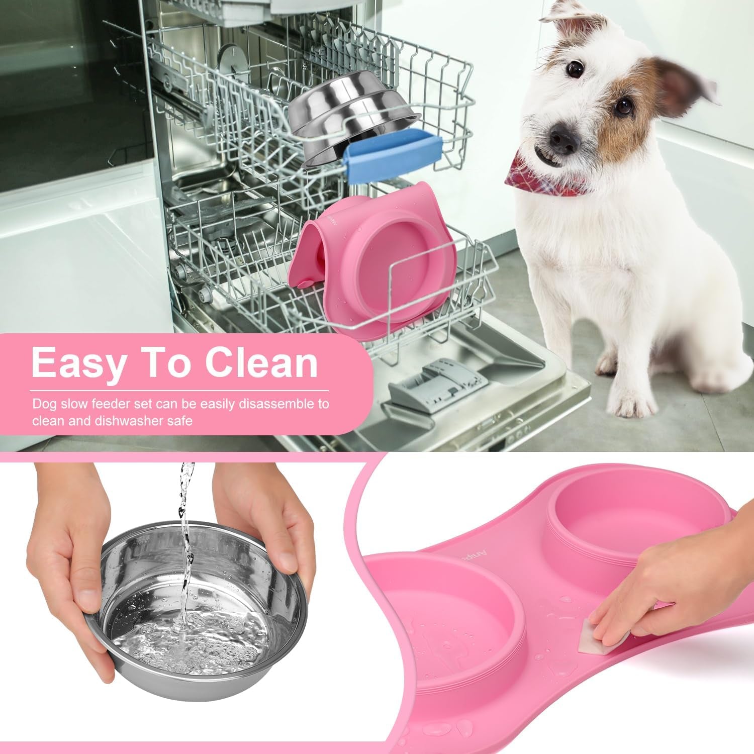 Slow Feeder Dog Bowls 3 in 1 Stainless Steel Dog Food and Water Bowls with Non-Spill Non-Skid Silicone Mat to Slow down Eating for Large Medium Small Breed Size Dogs and Cats (Pink Blue)