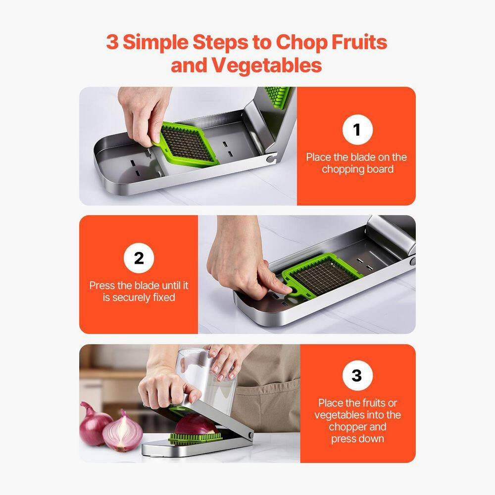 Vegetable Chopper with 3 Stainless Steel Blades, Food Cutter and Onion Slicer with Container, Kitchen Tools for Salad