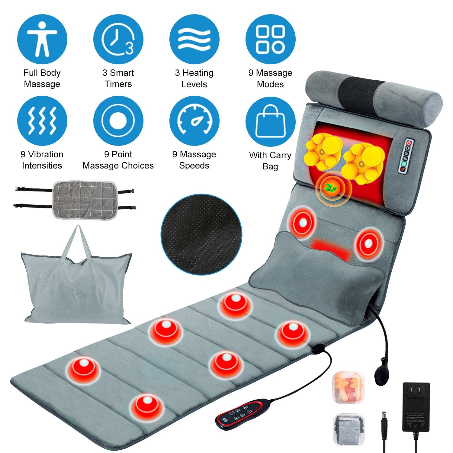Full Body Electric Massage Mat W/Heat Vibration Massage Pad Cushion Back Massage