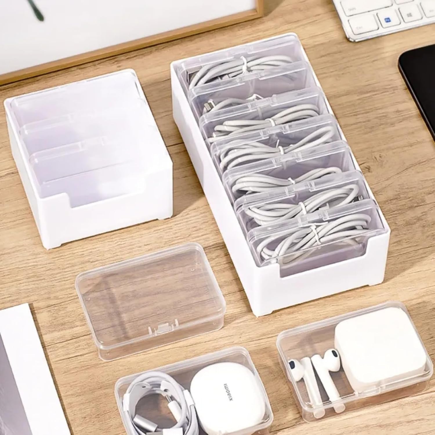 Cable Organizer Storage Box with 7 Wire Ties,Desktop Cable Management Box with Switch, Power Cord Organizer for Office,Home,Desk Accessories Storage Stationery Supplies（Clear）
