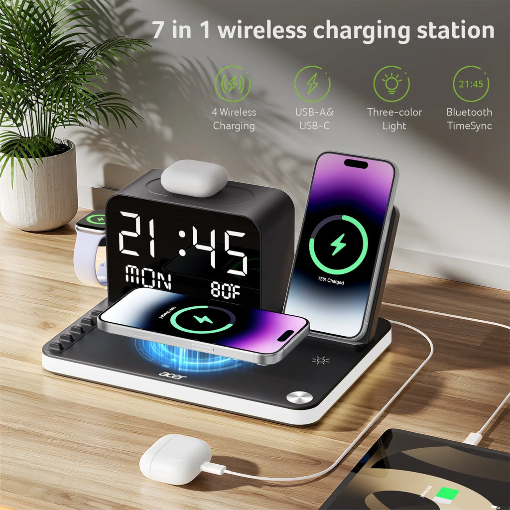 7 in 1 Wireless Charging Station: Compatible with Apple Multiple Devices - Iphone Apple Watch and Airpods, Charger Stand with Led Night Light