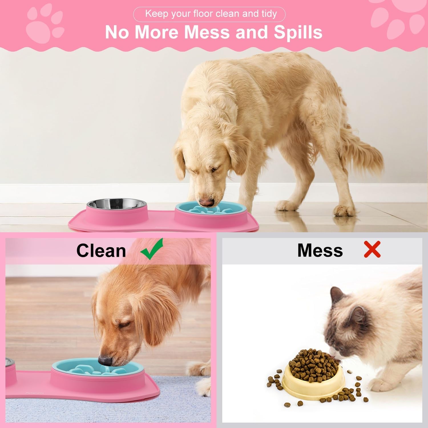 Slow Feeder Dog Bowls 3 in 1 Stainless Steel Dog Food and Water Bowls with Non-Spill Non-Skid Silicone Mat to Slow down Eating for Large Medium Small Breed Size Dogs and Cats (Pink Blue)