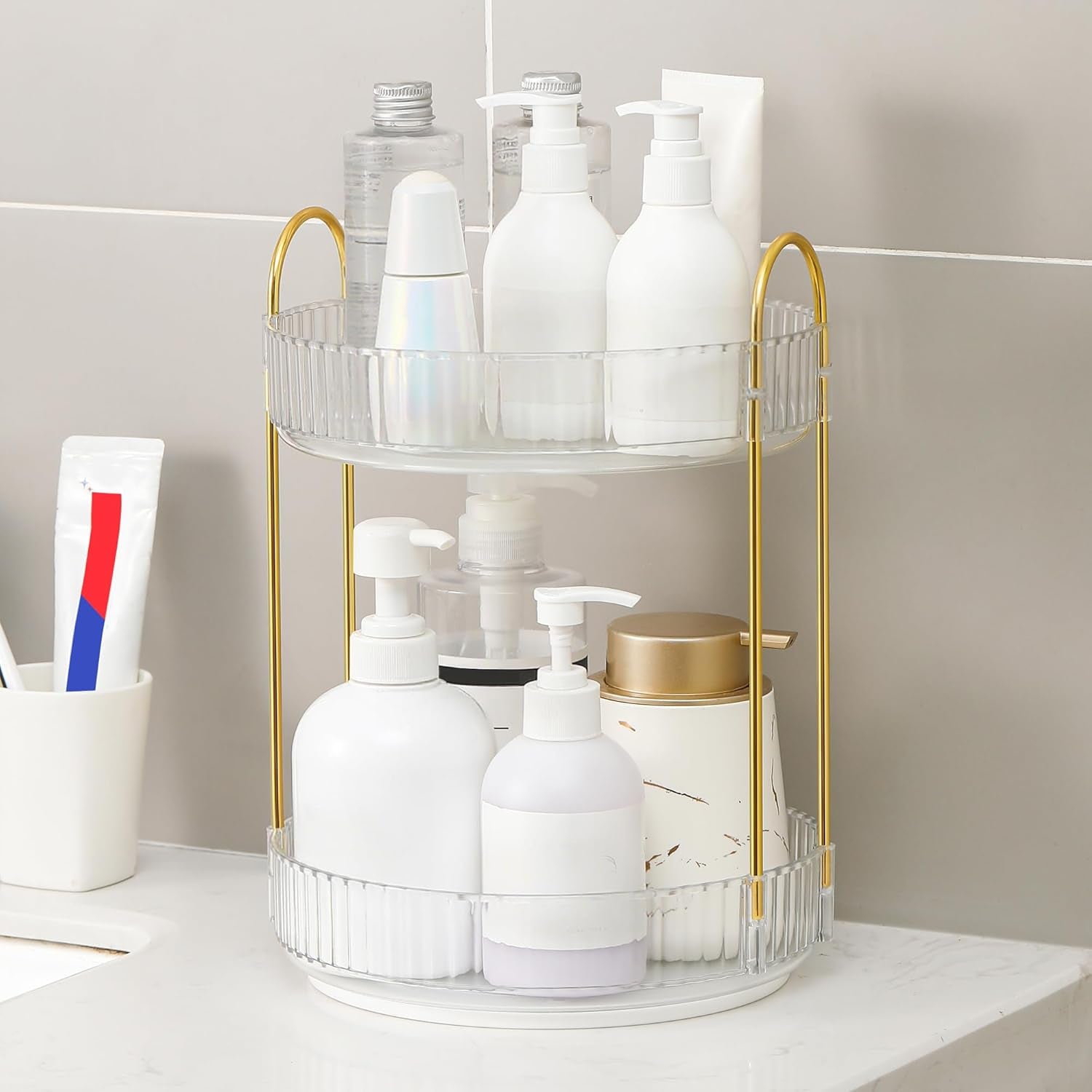 360 Rotating Makeup Organizer and Storage for Vanity Bathroom Countertop, High Capacity Cosmetic Skincare Perfume Organizers for Dresser Lazy Susan (Clear White,2 Tiers)