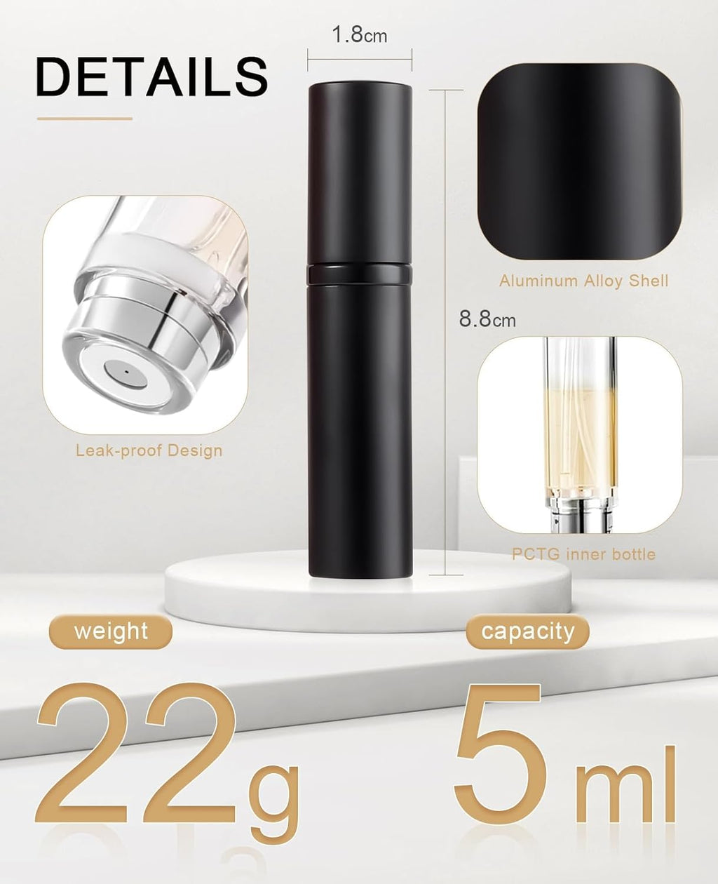 Refillable Portable Mini Perfume Atomizer for Travel, 5Ml Luxury Empty Leakproof Pump Perfume Spray Bottle Atomizer for Man and Woman (Z-Gold)
