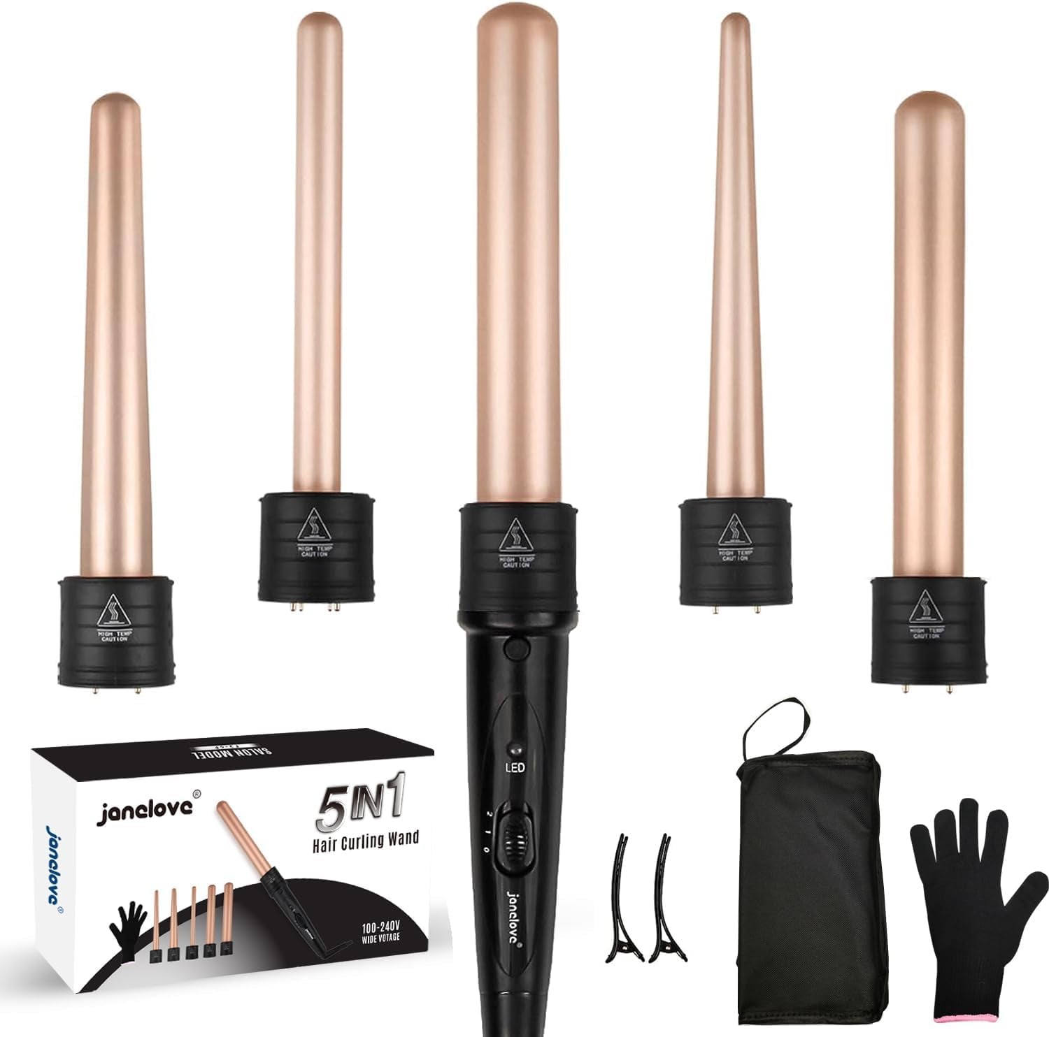 5 in 1 Wand Curling Iron Set, Ceramic Hair Curling Iron(0.35”-1.25”), Hair Curler for All Hairstyle, with Adjustable Temperature Dual Voltage, Instant Heat Up, with Glove & 2 Clips(Gold)