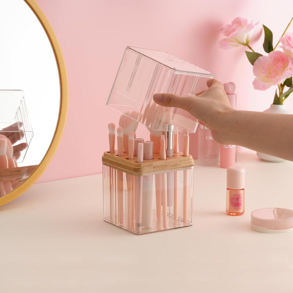 White Preppy Skincare Organizers Makeup Organizer Holder Beauty Cosmetic Storage Box Large Display Case and Makeup Brush Holder with Cover Makeup Brush Container with Lid Clear Makeup Brush Holder Org