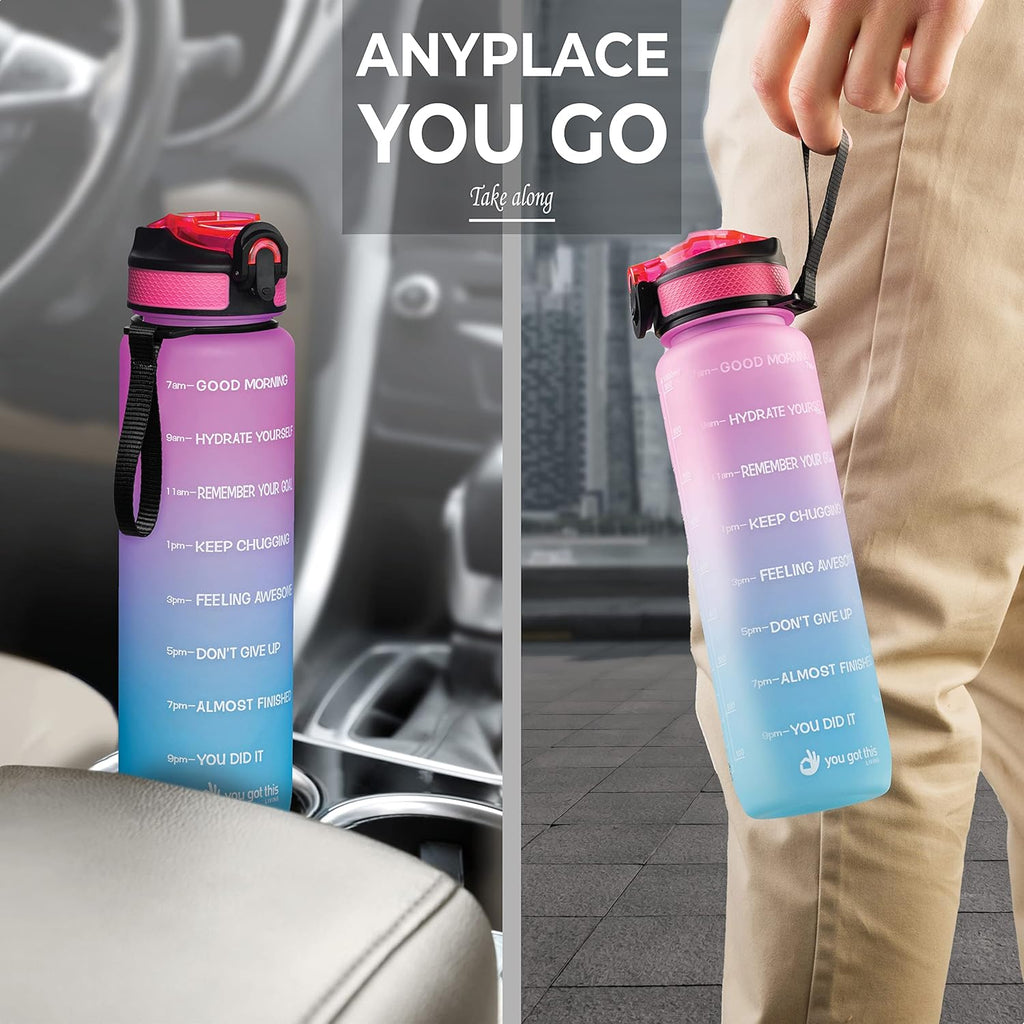 Motivational Water Bottle with Time Marker, 32 Oz Water Bottle, Sports Water Bottle with Spout, Achieve All-Day Hydration Spillproof, BPA FREE
