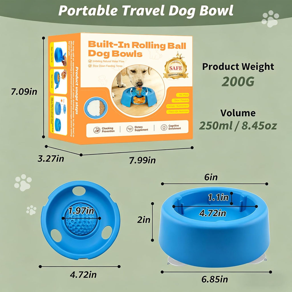 Slow Feeder Dog Bowls, Dog Lick Bowl with Rolling Ball - Lick & Roll Bowl, Dog Slow Feeder Bowl for Liquid Treats, Bone Broth & Yogurt, Non-Slip Suction Base, for Small, Medium & Large Breeds