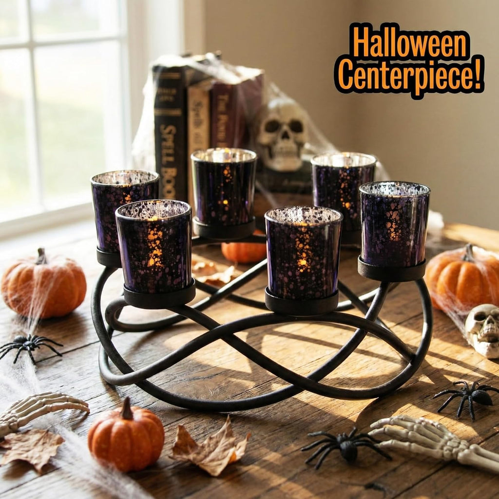 Halloween Decorations for Indoor Gothic Table Centerpieces, Black | Spooky Witchy Dining Decor, round Wrought Iron Candle Holder, 6 Votive Cups, Coffee & Kitchen Centerpiece, 10.5In Round
