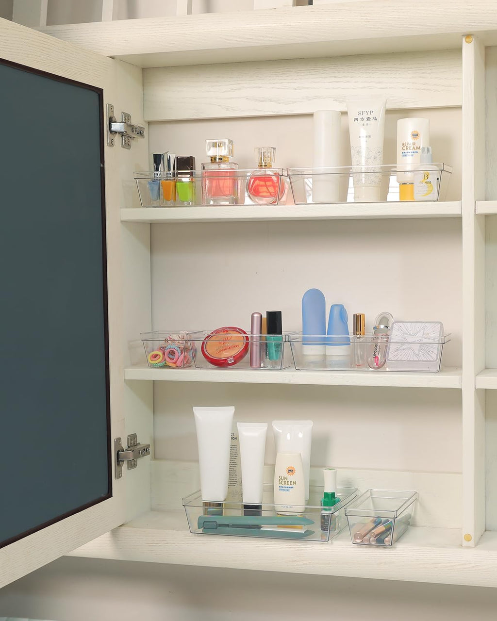 Clear Plastic Drawer Organizer Storage - 25Pcs 4 Size Desk Bathroom Kitchen Organizers and Accessories Office Organization, Vanity Stackable Drawers Bins Trays Containers Dividers Makeup Sets