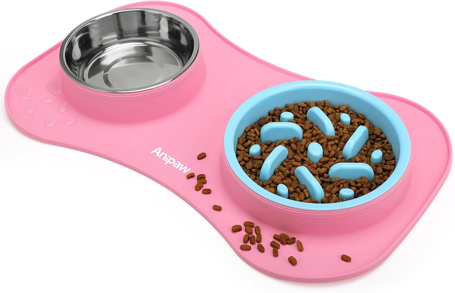 Slow Feeder Dog Bowls 3 in 1 Stainless Steel Dog Food and Water Bowls with Non-Spill Non-Skid Silicone Mat to Slow down Eating for Large Medium Small Breed Size Dogs and Cats (Pink Blue)