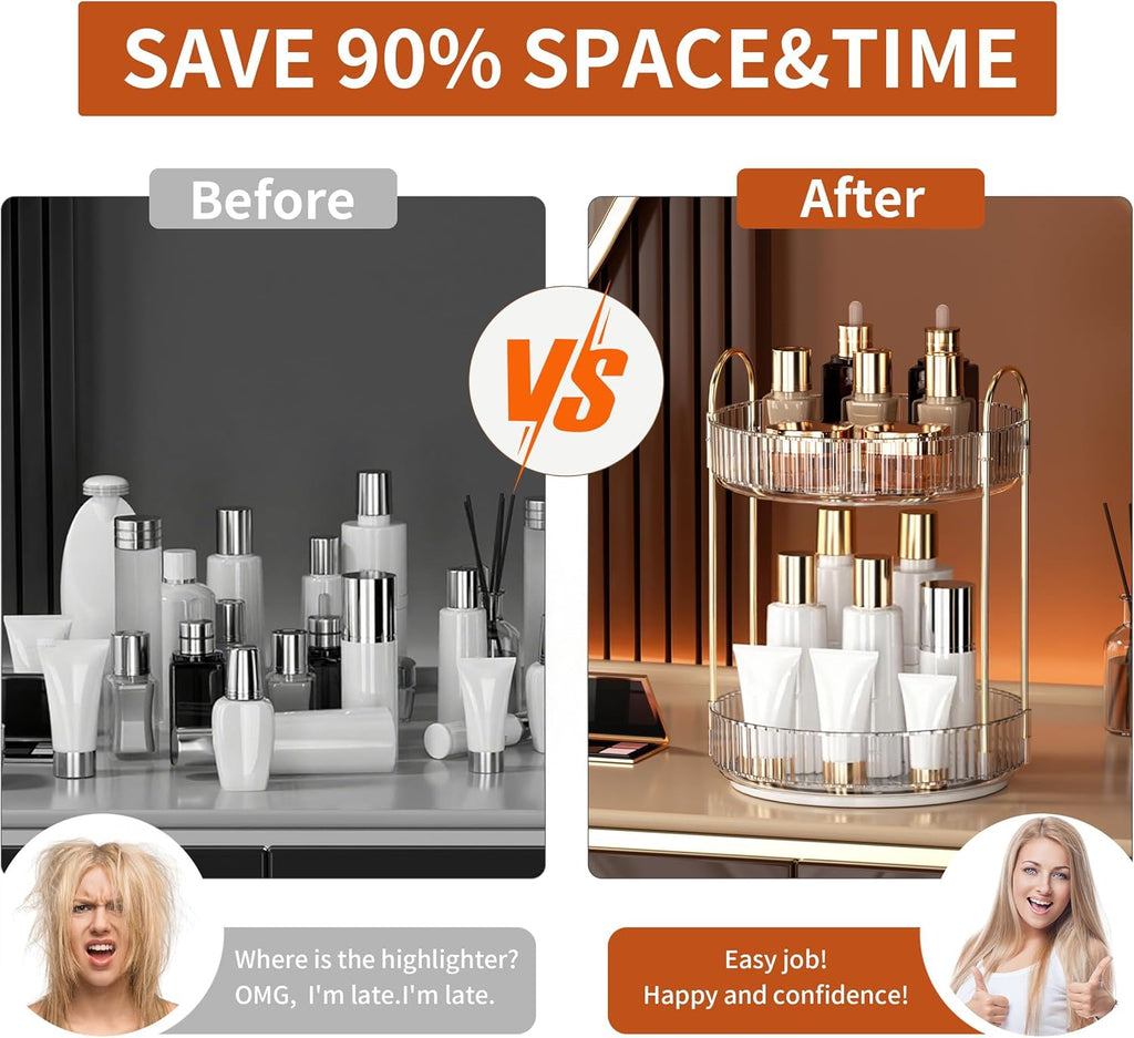 360 Rotating Makeup Organizer and Storage for Vanity Bathroom Countertop, High Capacity Cosmetic Skincare Perfume Organizers for Dresser Lazy Susan (Clear White,2 Tiers)