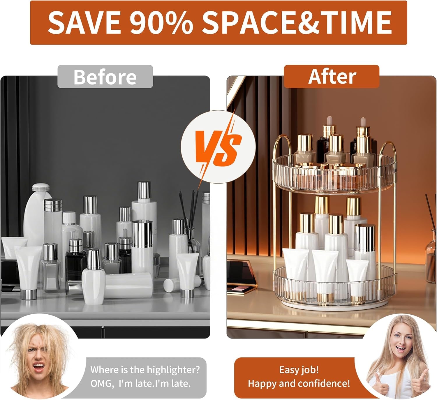 360 Rotating Makeup Organizer and Storage for Vanity Bathroom Countertop, High Capacity Cosmetic Skincare Perfume Organizers for Dresser Lazy Susan (Clear White,2 Tiers)